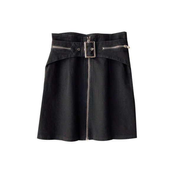 Női farmerszoknya magas derékkal, elöl cipzárral és övvel