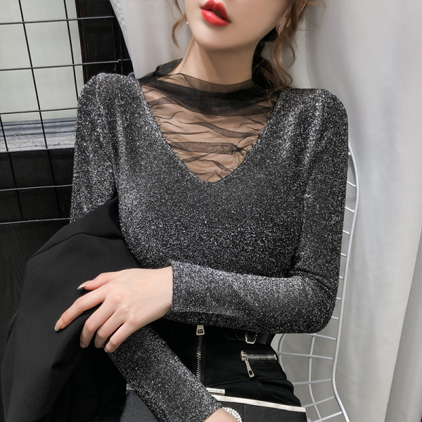 Γυναικεία μπλούζα με γυαλιστερό εφέ σε  μπλε, ασημί, χρυσό και μαύρο χρώμα