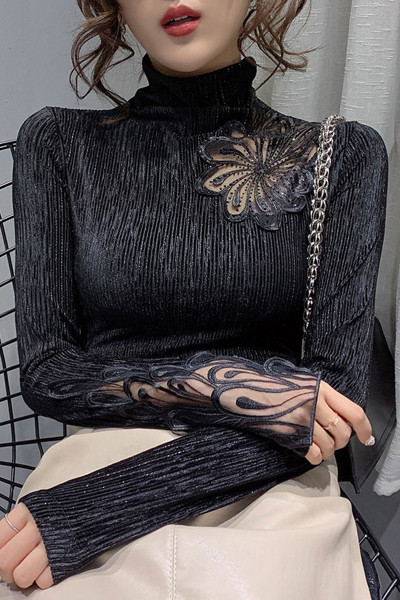 Κομψή γυναικεία μπλούζα με ψηλό γιακά και δαντέλα σε μαύρο, καφέ, ροζ και μπεζ χρώμα