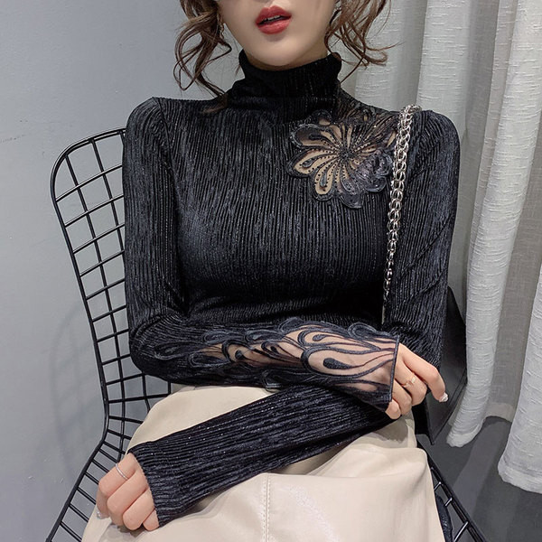 Κομψή γυναικεία μπλούζα με ψηλό γιακά και δαντέλα σε μαύρο, καφέ, ροζ και μπεζ χρώμα