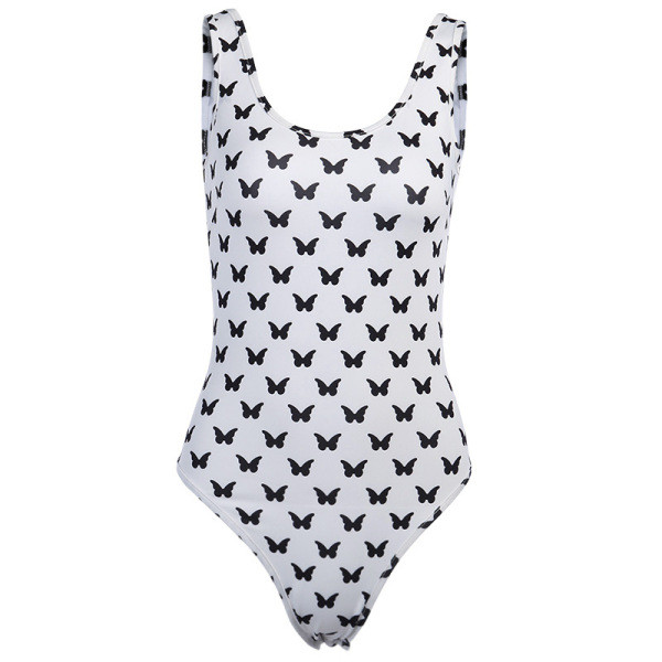 Modern női test széles pántokkal, csupasz háttal, pillangós mintával