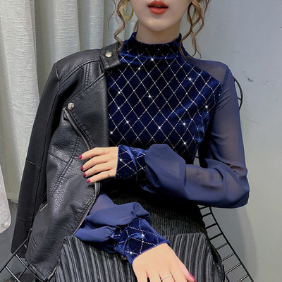 Стилна дамска блуза от кадифе с широки ръкави и полу-висока яка