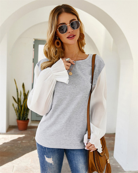 Alkalmi női blúz lótusz ujjakkal és ovális nyakkivágással