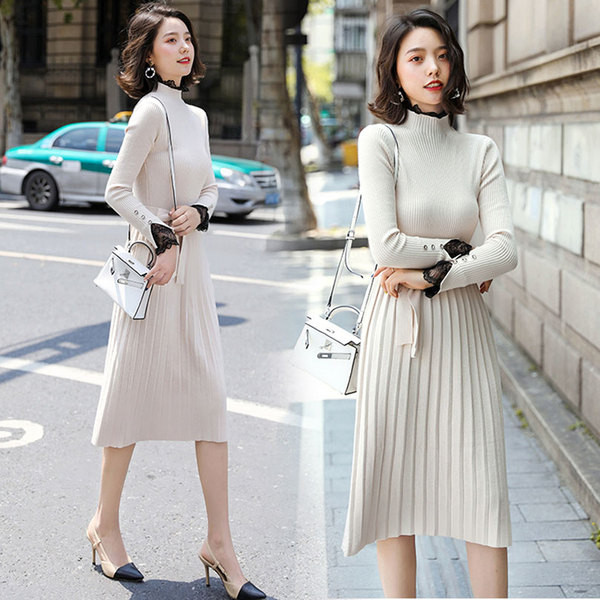 Kötött női ruha modell közepes hosszúságú, csipkével és övvel