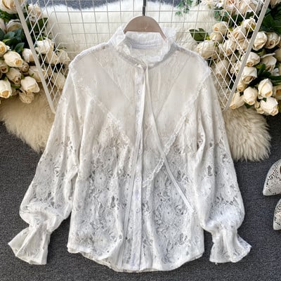 Női csipke ing hosszú ujjal és fűzős gallérral