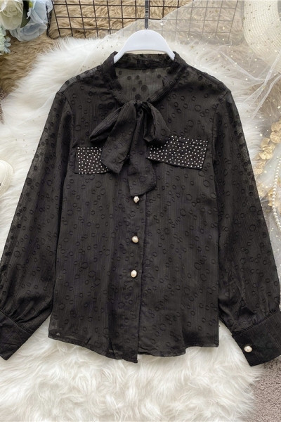 Fekete női sifon ing szalaggal és gyöngyökkel