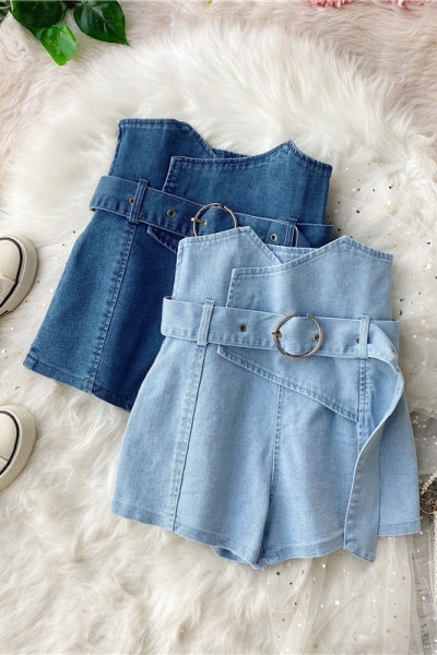 Модерни дамски къси дънки с колан и висока талия 