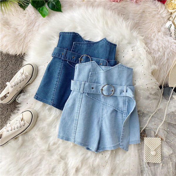 Модерни дамски къси дънки с колан и висока талия 