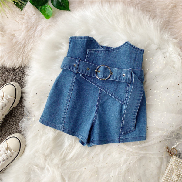 Модерни дамски къси дънки с колан и висока талия 