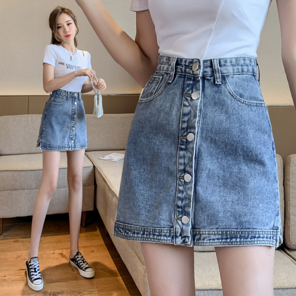 Alkalmi női farmerszoknya magas derékkal és gombokkal