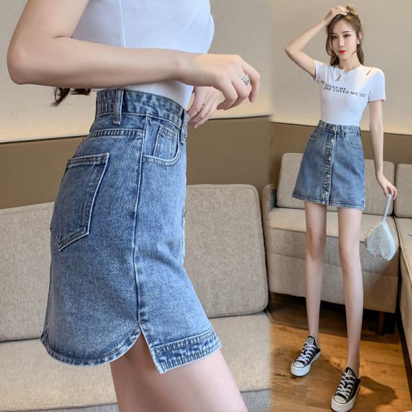 Alkalmi női farmerszoknya magas derékkal és gombokkal