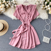 Női alkalmi ruha gombokkal és rövid ujjú rózsaszín, fekete, bézs és zöld színben