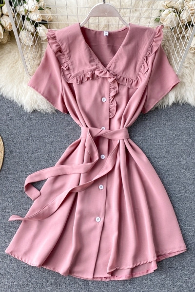 Női alkalmi ruha gombokkal és rövid ujjú rózsaszín, fekete, bézs és zöld színben