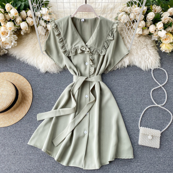 Női alkalmi ruha gombokkal és rövid ujjú rózsaszín, fekete, bézs és zöld színben