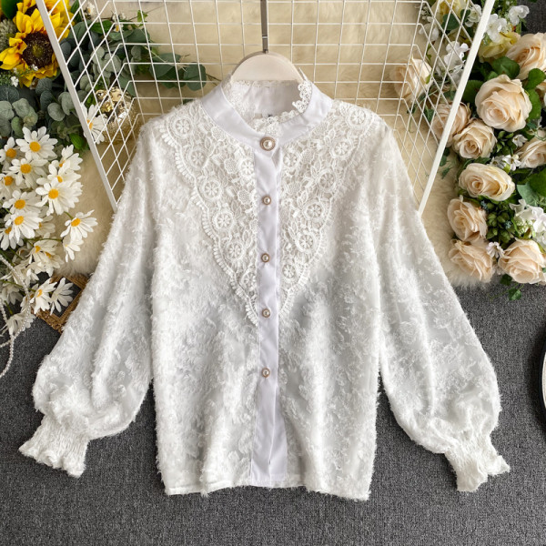 Stiilne valge ja beeži pitsi ja nööpidega naiste särk