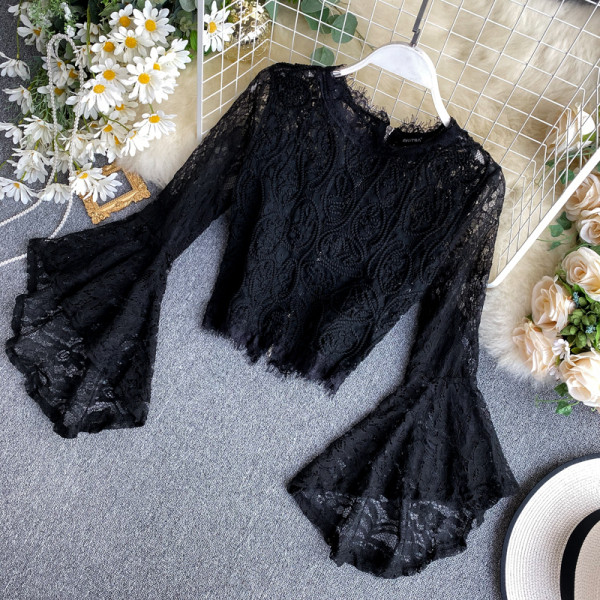 Modern női csipke ing kerek nyakkivágással és lótusz ujjú fehér és fekete színben