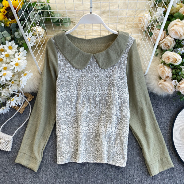 Γυναικεία μπλούζα με δαντέλα και στρογγυλή λαιμόκοψη σε μπλε, γκρι, ροδάκινο και λευκό χρώμα