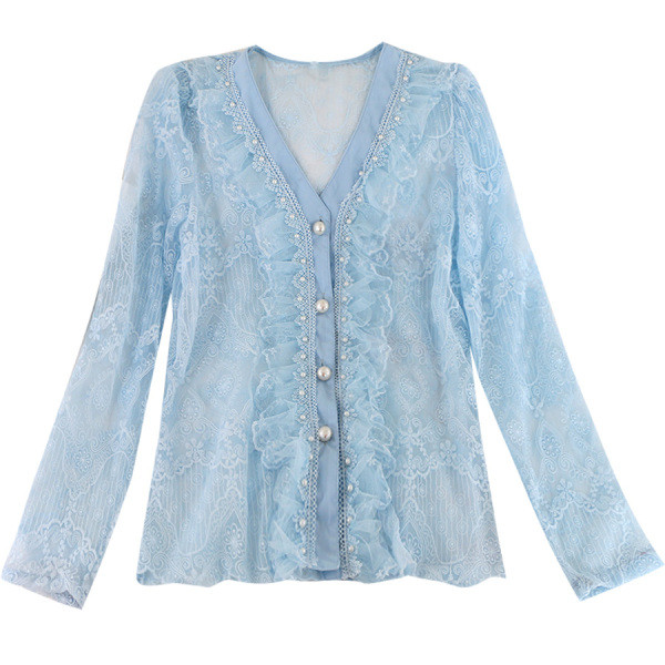 Női csipke ing gyöngyökkel és V-nyakú