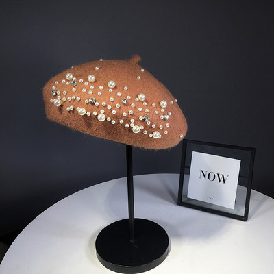 Stílusos gyapjú női barett típusú kalap gyöngyökkel