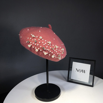 Stílusos gyapjú női barett típusú kalap gyöngyökkel