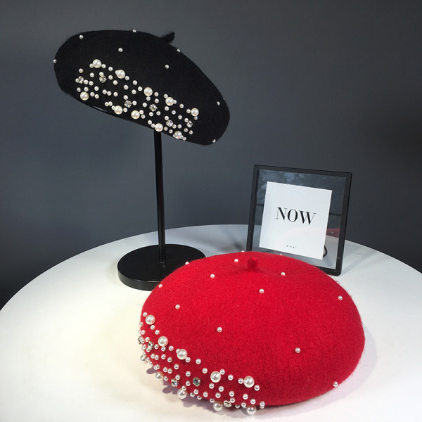 Stílusos gyapjú női barett típusú kalap gyöngyökkel