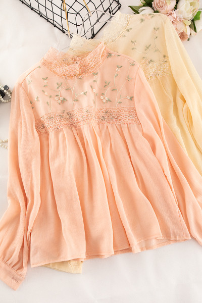 Modern női ing hímzéssel és csipkével sárga, rózsaszín, fehér és fekete színben