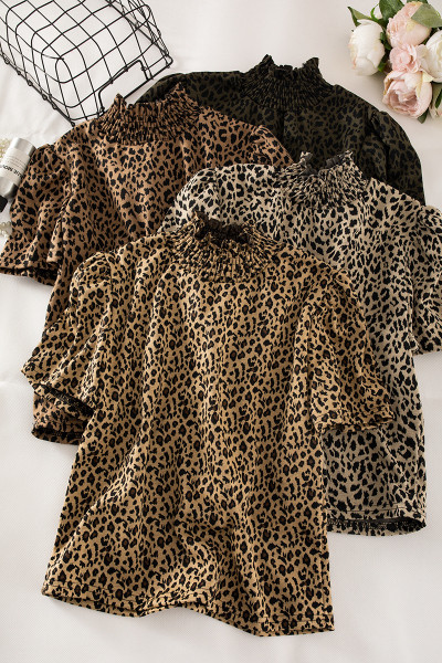 Ρετρό στυλ γυναικεία μπλούζα με κοντό μανίκι και λεοπάρδαλη πριντ σε καφέ, μπεζ και μαύρο χρώμα