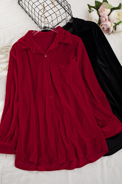 Naiste velvetist särk klassikalise kaelusega musta ja punase värviga