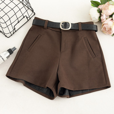 Къси зимни панталони с висока талия и колан в кафяв и черен цвят