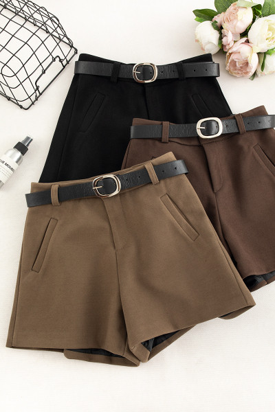 Къси зимни панталони с висока талия и колан в кафяв и черен цвят