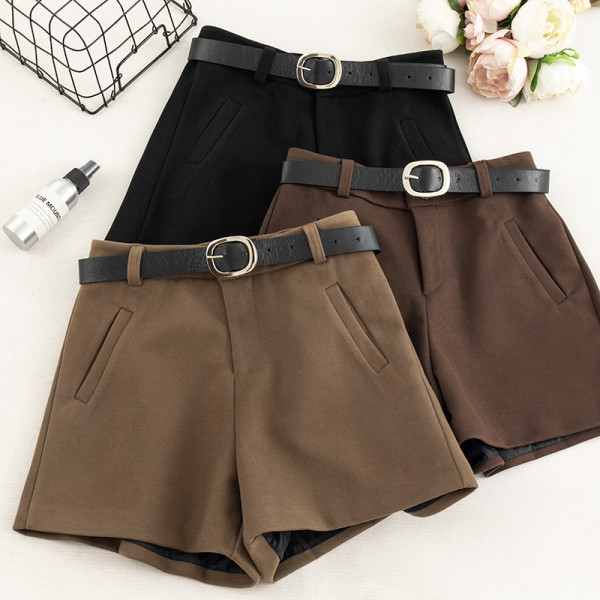 Къси зимни панталони с висока талия и колан в кафяв и черен цвят