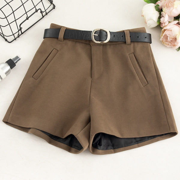 Къси зимни панталони с висока талия и колан в кафяв и черен цвят