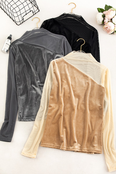 Női bársony blúz bézs, fekete és szürke hálóval