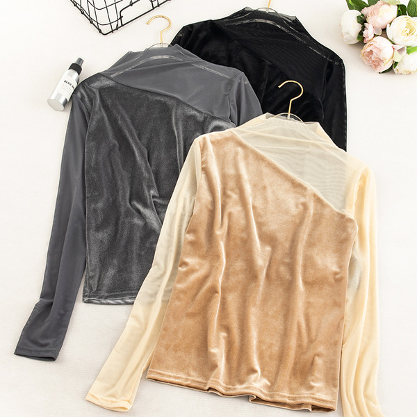 Női bársony blúz bézs, fekete és szürke hálóval