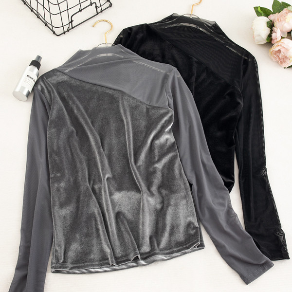 Női bársony blúz bézs, fekete és szürke hálóval