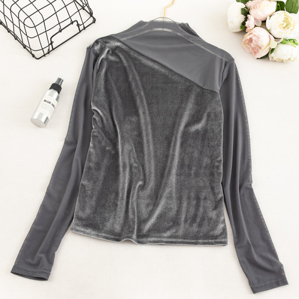 Női bársony blúz bézs, fekete és szürke hálóval