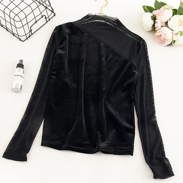 Női bársony blúz bézs, fekete és szürke hálóval