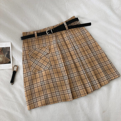 Retro stílusú kockás női szoknya övvel és zsebekkel