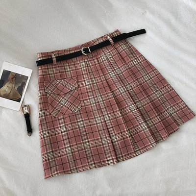 Retro stílusú kockás női szoknya övvel és zsebekkel