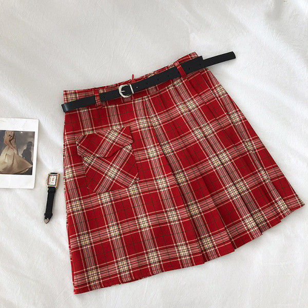 Retro stílusú kockás női szoknya övvel és zsebekkel