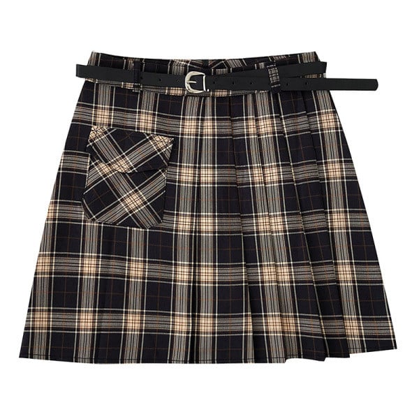 Retro stílusú kockás női szoknya övvel és zsebekkel