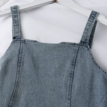 Μοντέρνο γυναικείο φόρεμα από denim και λουράκια με τούλι