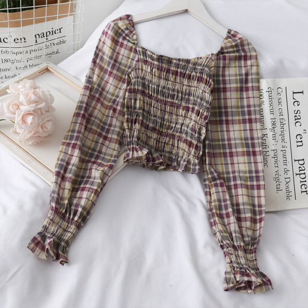 Modern női kockás blúz négyzet alakú nyakkivágással