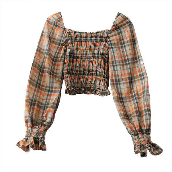 Modern női kockás blúz négyzet alakú nyakkivágással