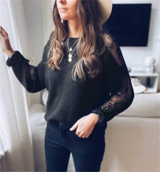 Naiste pitsiga kampsun valge ja must