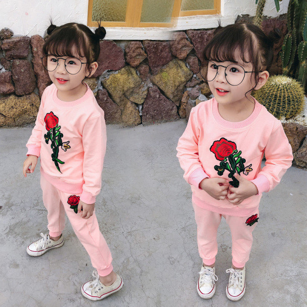 Rózsaszín kétrészes gyerek szett hímzéssel lányoknak