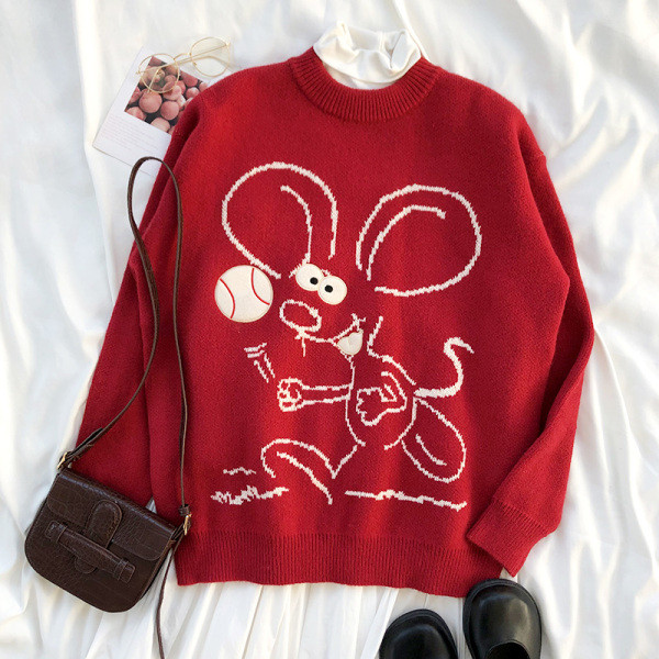 Piros női pulóver széles modell ovális nyakkivágással és hímzéssel