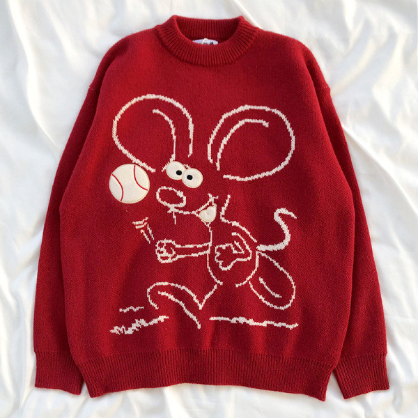 Piros női pulóver széles modell ovális nyakkivágással és hímzéssel