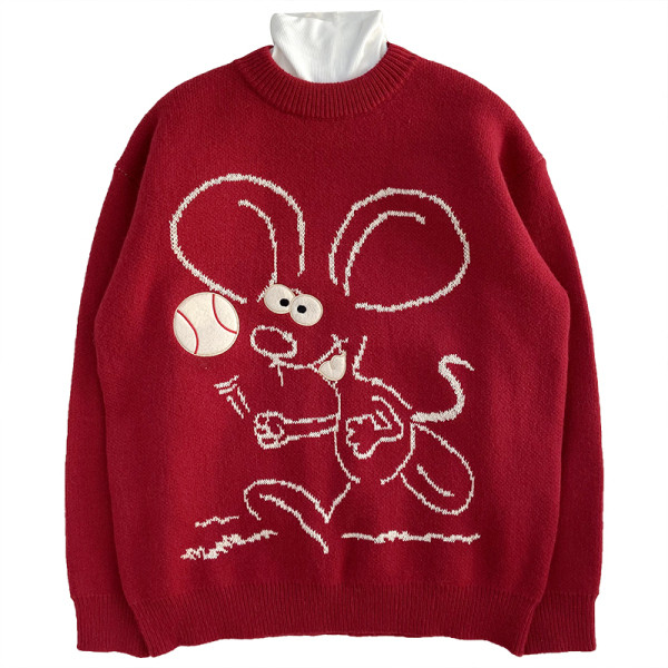 Piros női pulóver széles modell ovális nyakkivágással és hímzéssel