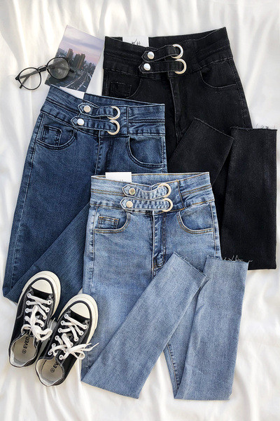 Alkalmi női farmer Karcsú modell magas derékkal és fém elemekkel